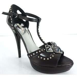 Miu Miu Black Leather Studded Ankle T Strap Platform Sandals